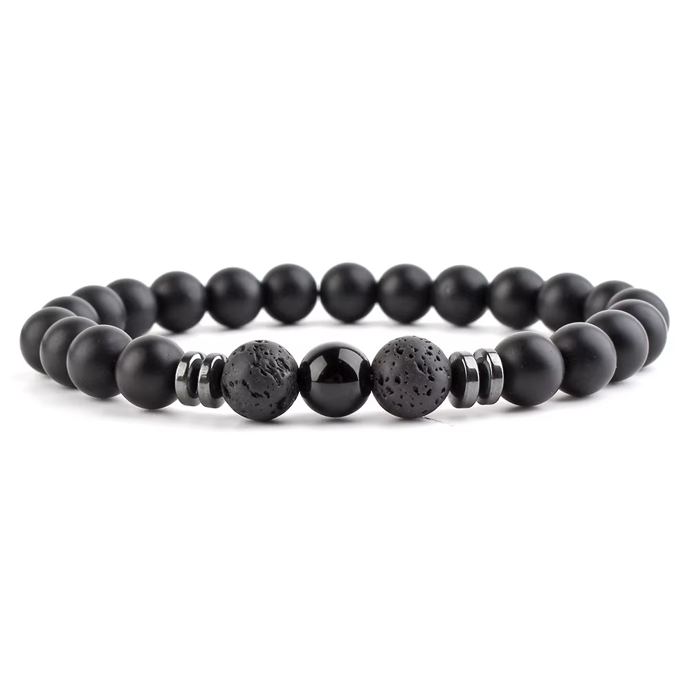 Bracelet - perle de lave noire et perle lisse (Ref B021)