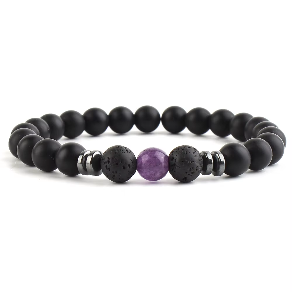 Bracelet - perle de lave noire et perle amethyste mauve (Ref B022)