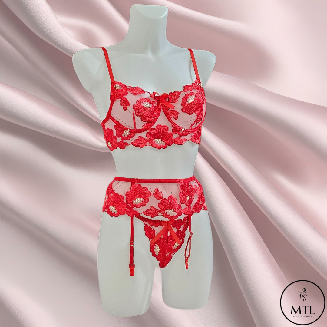 Ensemble de lingerie sexy 3 pièces : Soutien gorge + string + porte jarretelle (Ref 014)