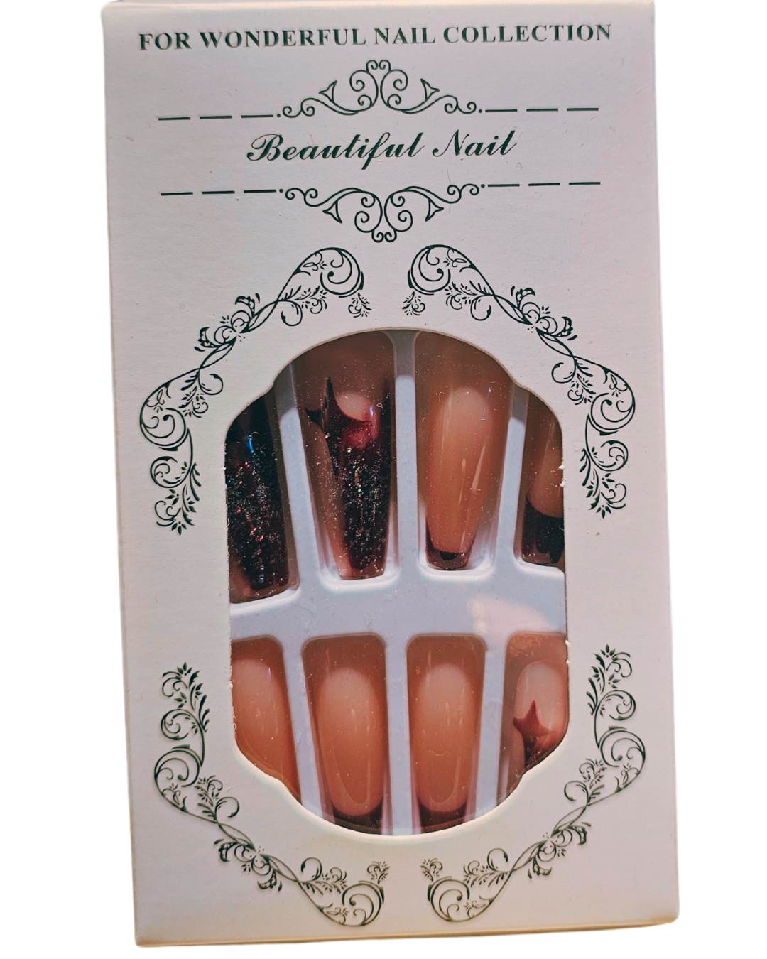 Press On Nails : long - carré - nude , rouge, paillette (Ref N009)