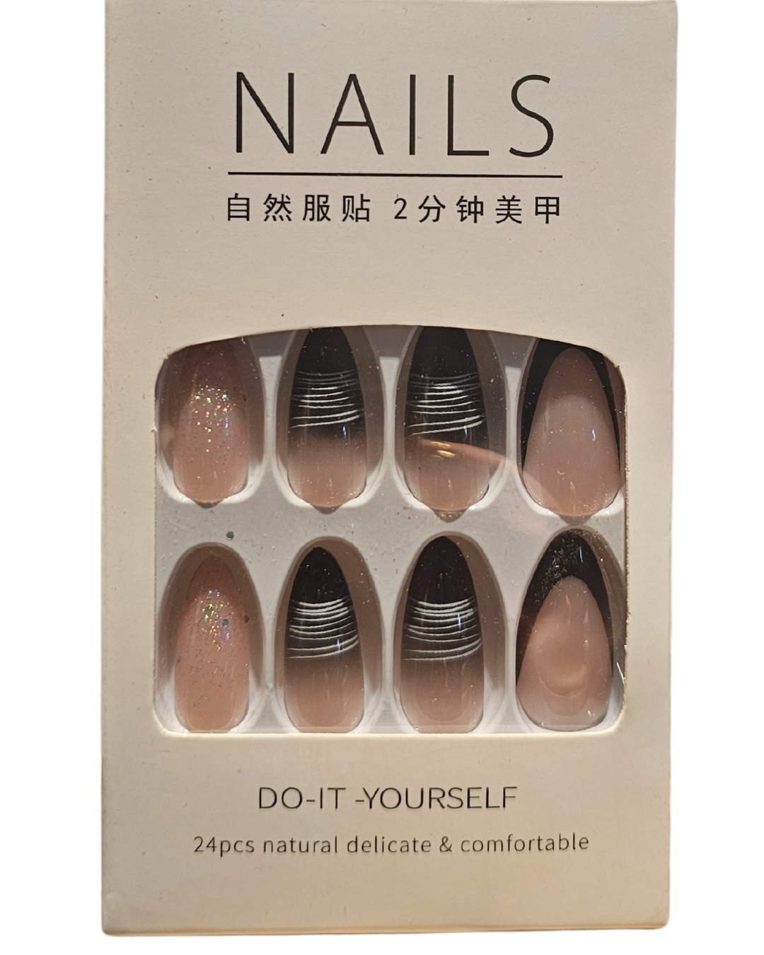 Press On Nails : moyen - amande - nude, paillettes, noir et blanc (Ref N014)