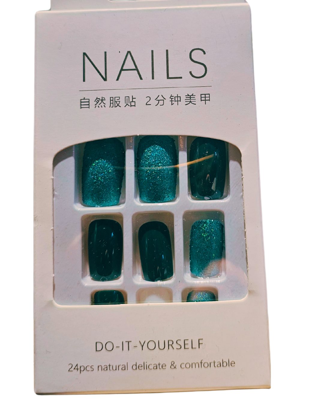 Press On Nails : moyen - carré - Vert, blanc et paillettes (Ref N015)