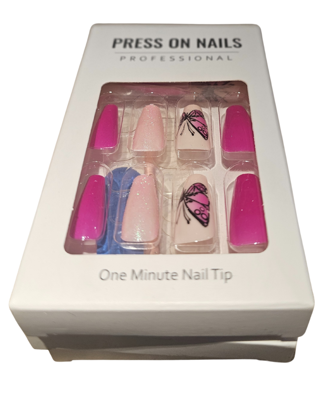 Press On Nails : moyen - carré - rose, paillette et papillon (Ref N019)