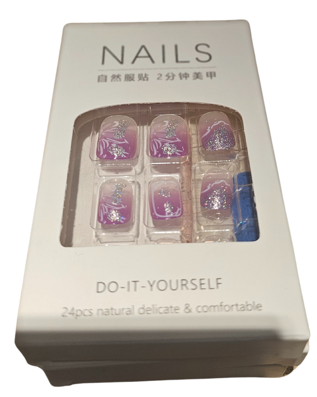 Press On Nails : court - arrondi - mauve, transparent, mauve, blanc et paillette (Ref N021)