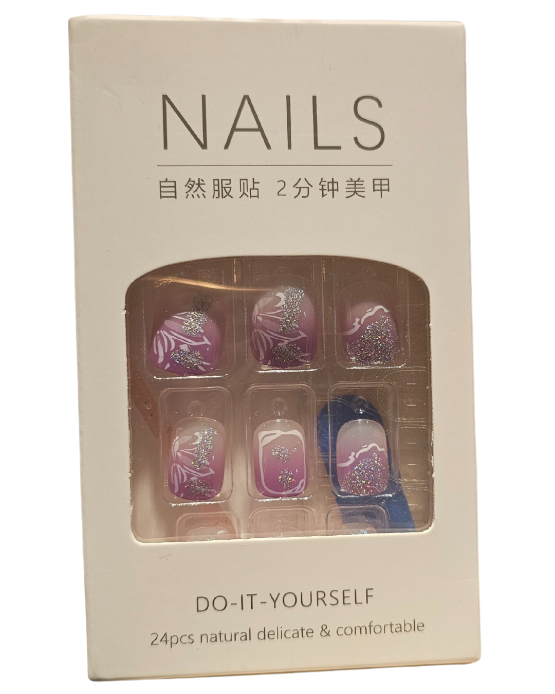 Press On Nails : court - arrondi - mauve, transparent, mauve, blanc et paillette (Ref N021)