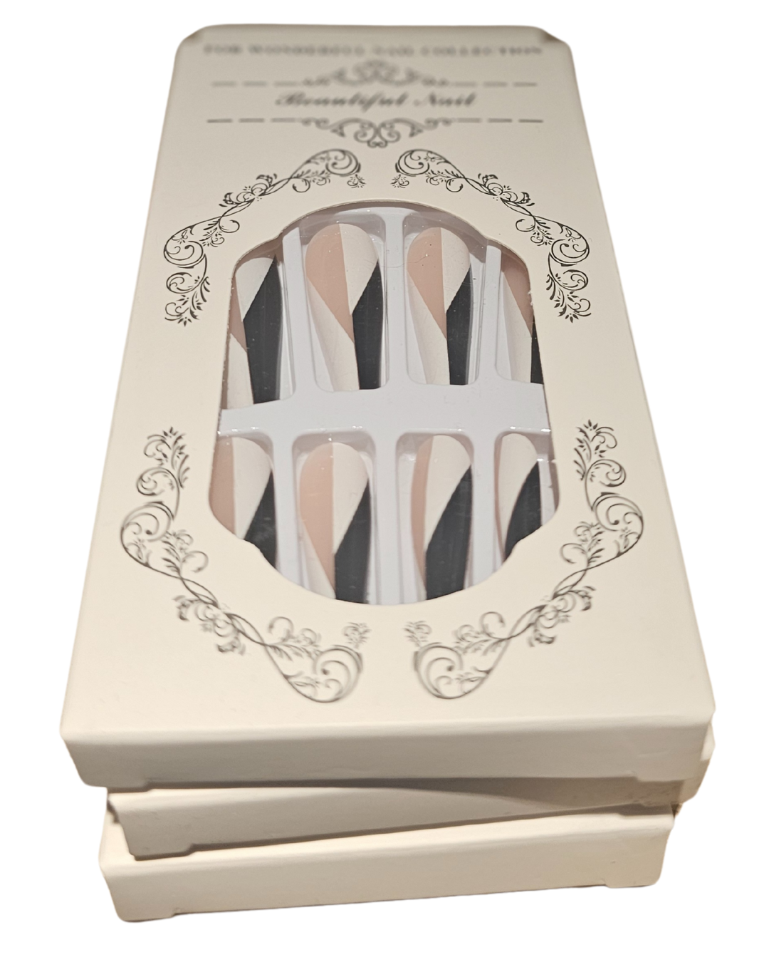 Press On Nails : long - carré - rose, blanc et noir (Ref N022)
