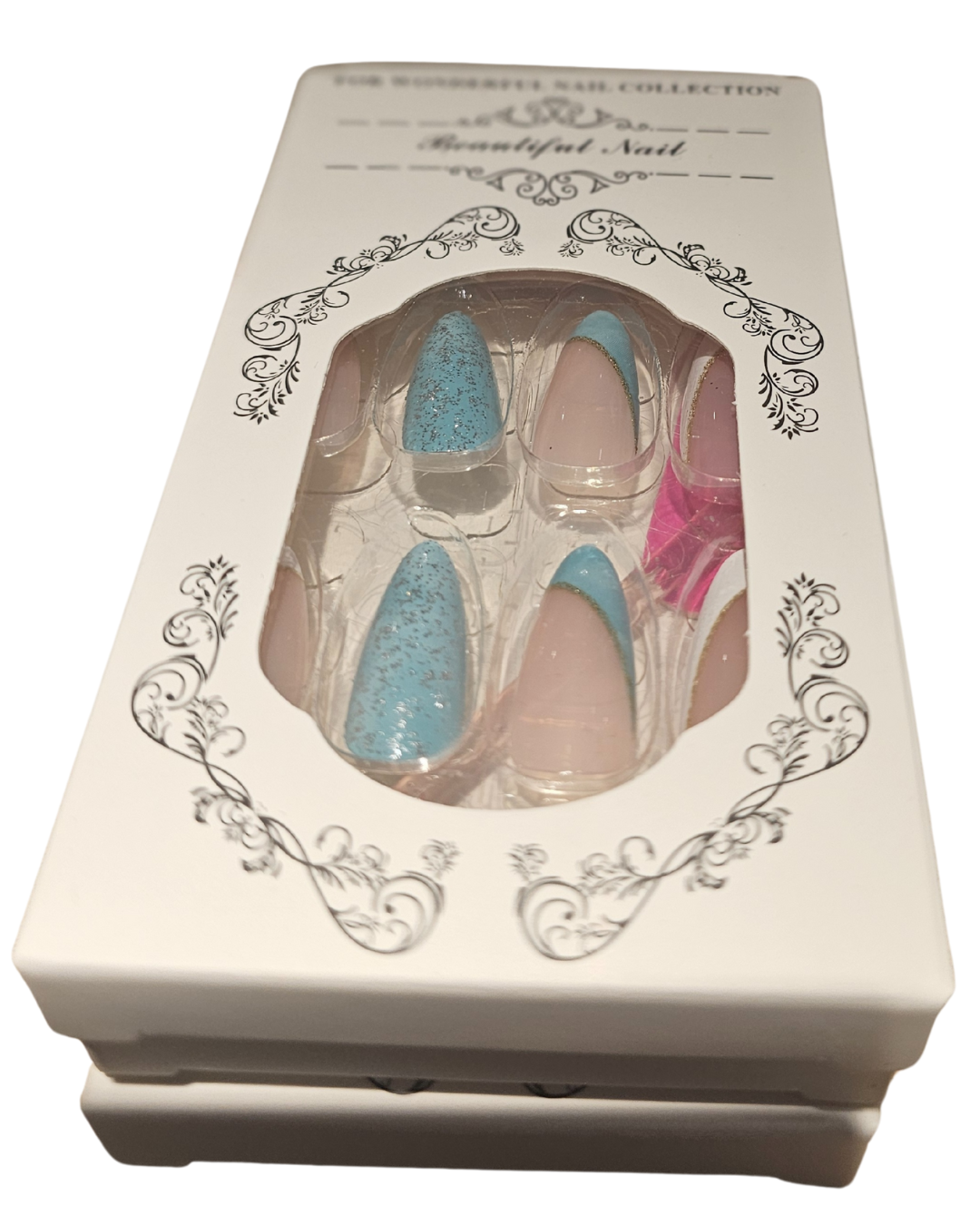 Press On Nails : moyen - amande - Bleu, blanc et paillettes (Ref N024)