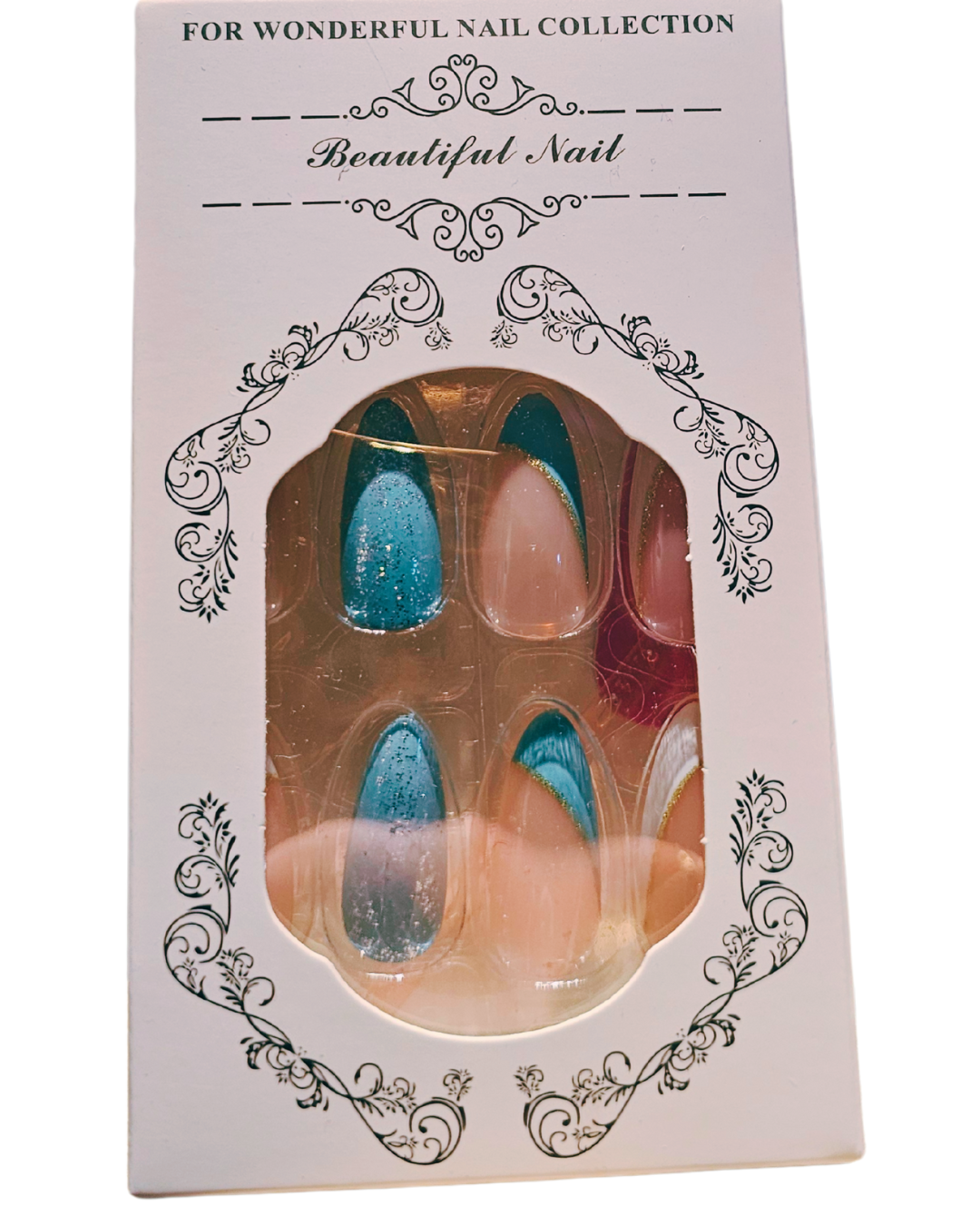 Press On Nails : moyen - amande - Bleu, blanc et paillettes (Ref N024)