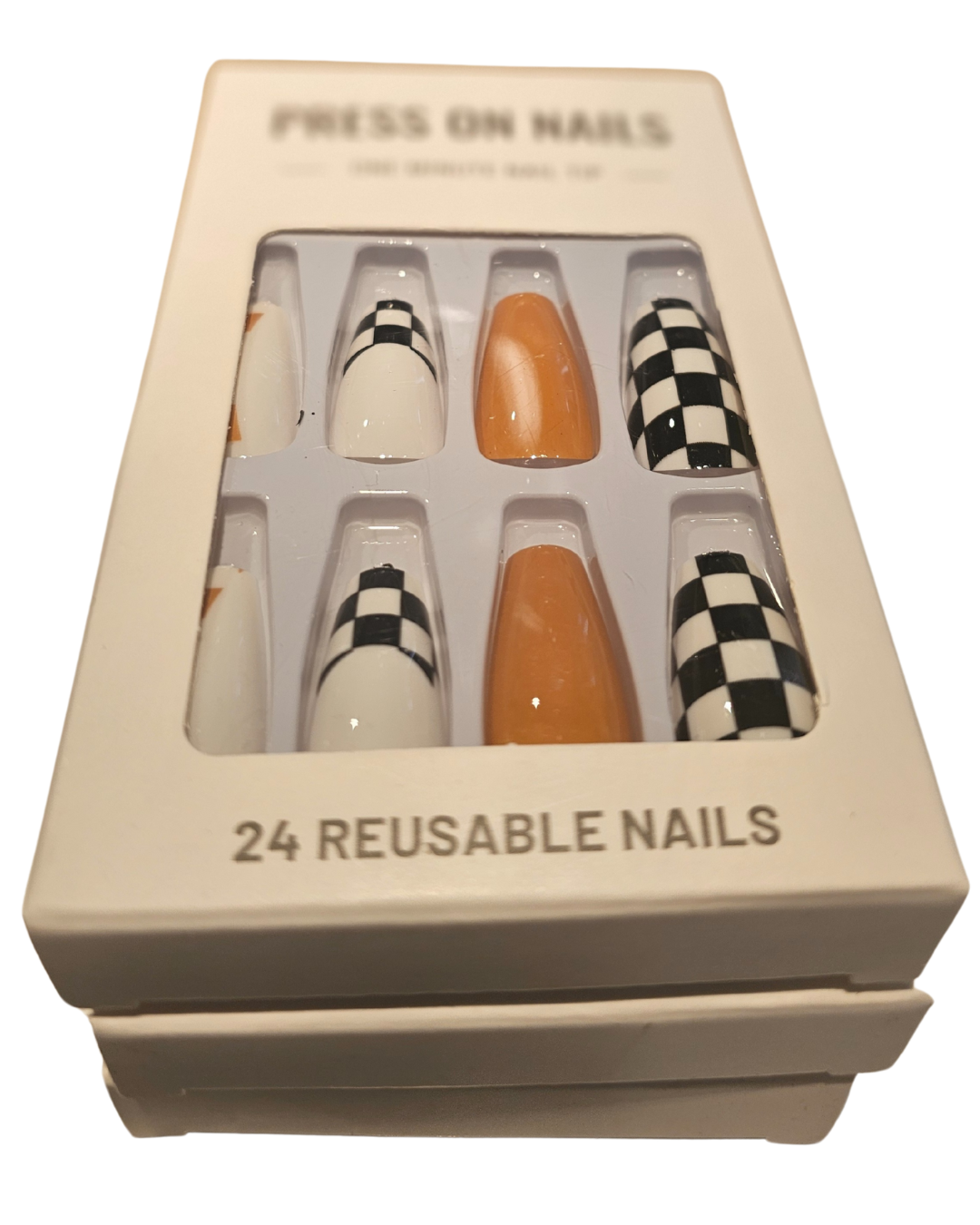 Press On Nails : long - carré - blang, brun, noir, géométrique (Ref N031)