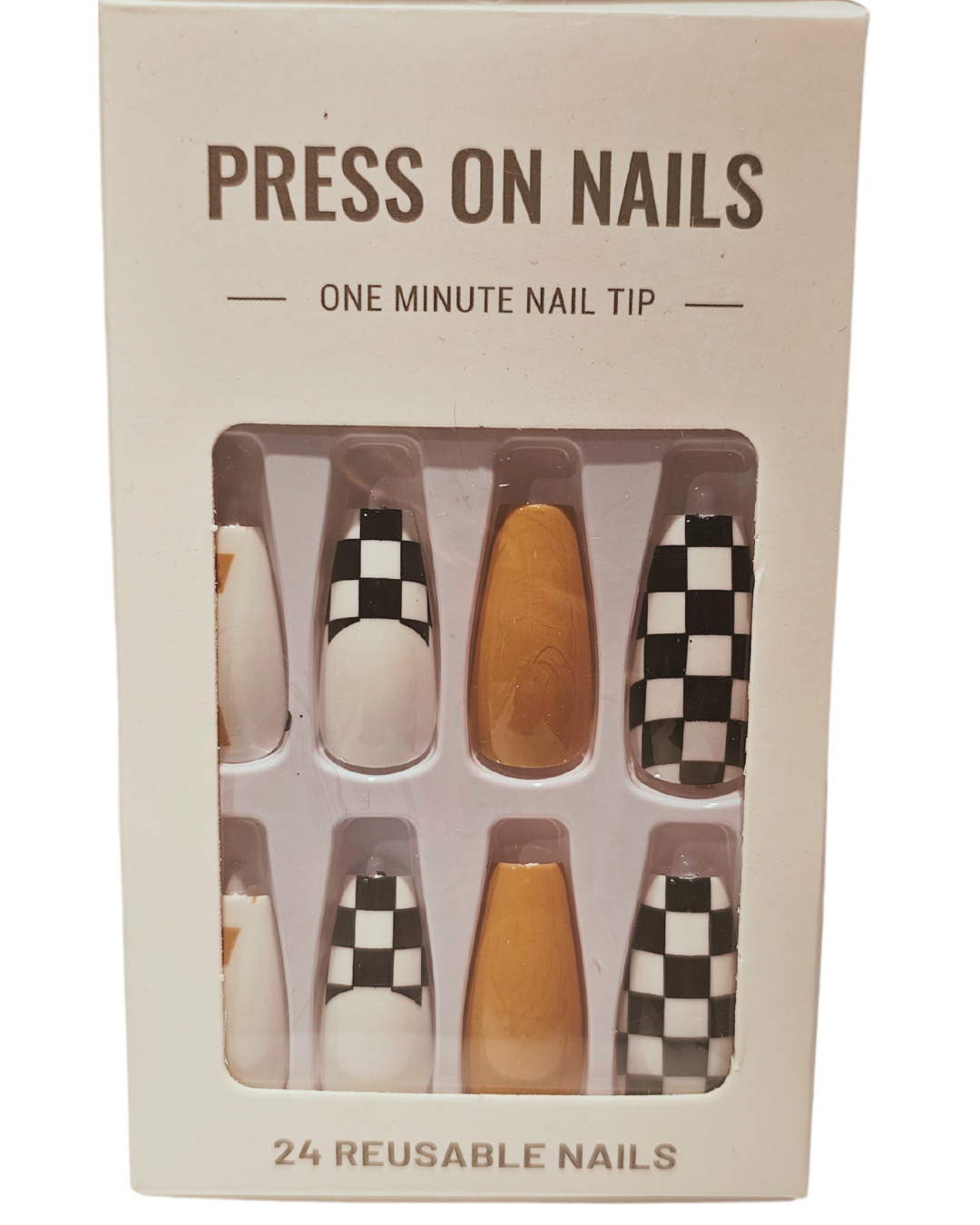 Press On Nails : long - carré - blang, brun, noir, géométrique (Ref N031)