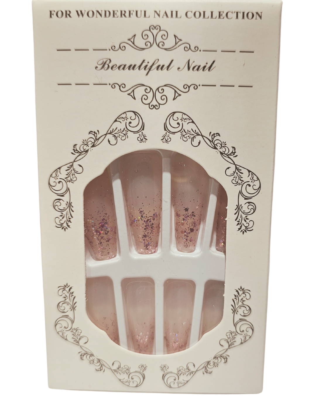 Press On Nails : long - carré - transparent, paillettes rose (Ref N036)