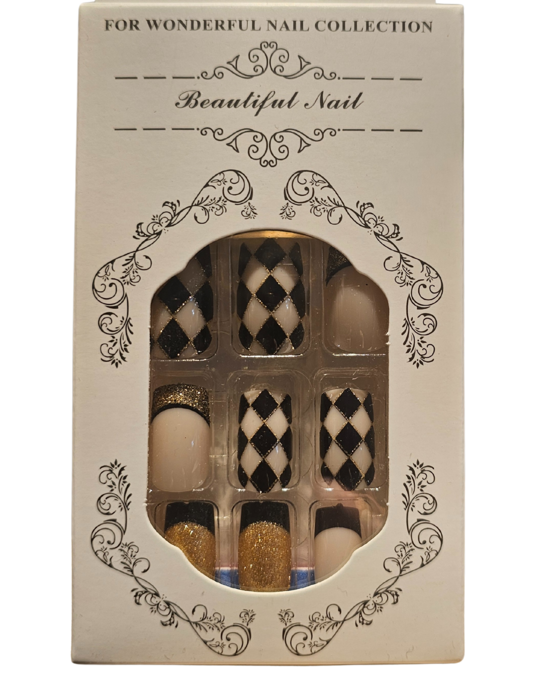 Press On Nails : moyen - carré- blanc, noir et doré (Ref N006)