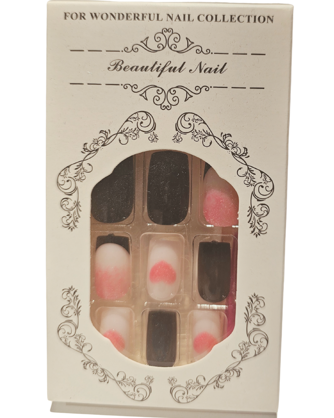 Press On Nails : court - carré - blanc, noir, rose, cœur, paillette (Ref N038)