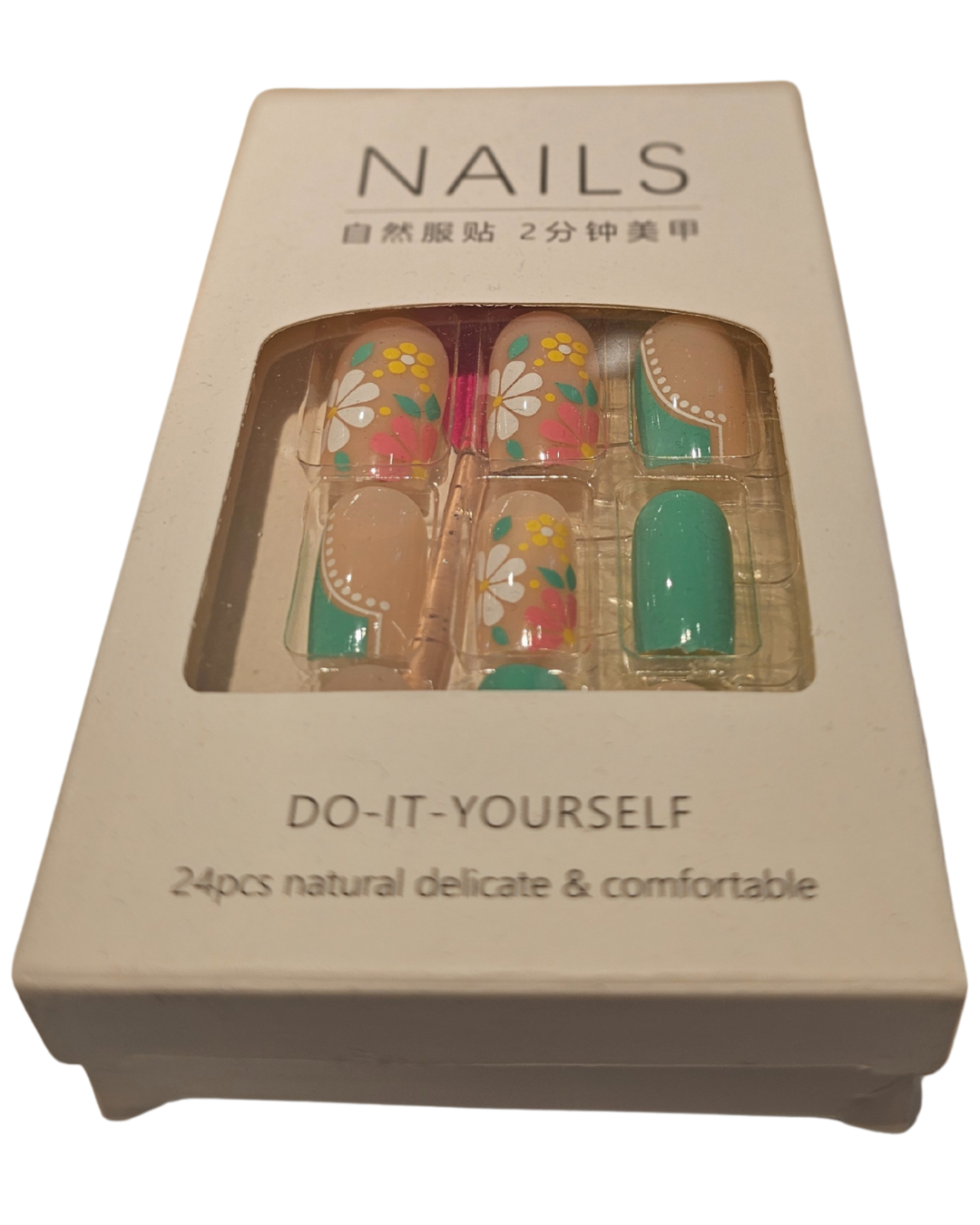 Press On Nails : moyen - carré - nude, vert, fleur blanche, jaune, rose (Ref N039)