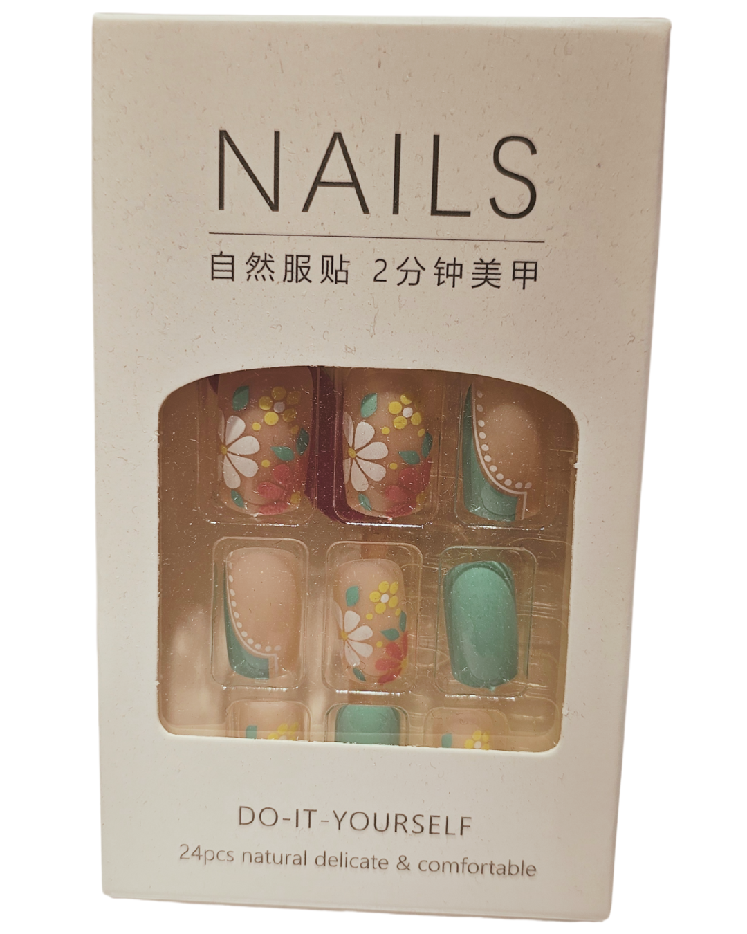 Press On Nails : moyen - carré - nude, vert, fleur blanche, jaune, rose (Ref N039)