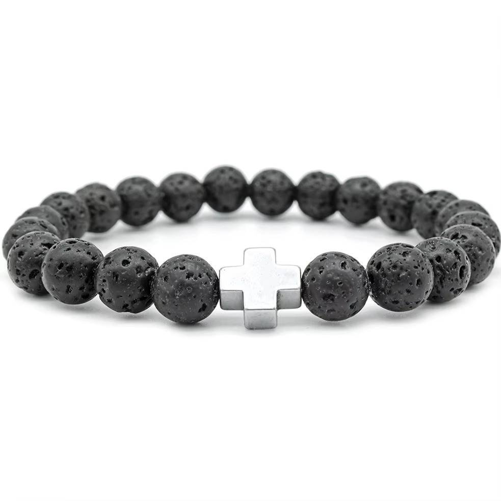 Bracelet -  pierre de lave et croix (Ref B001)