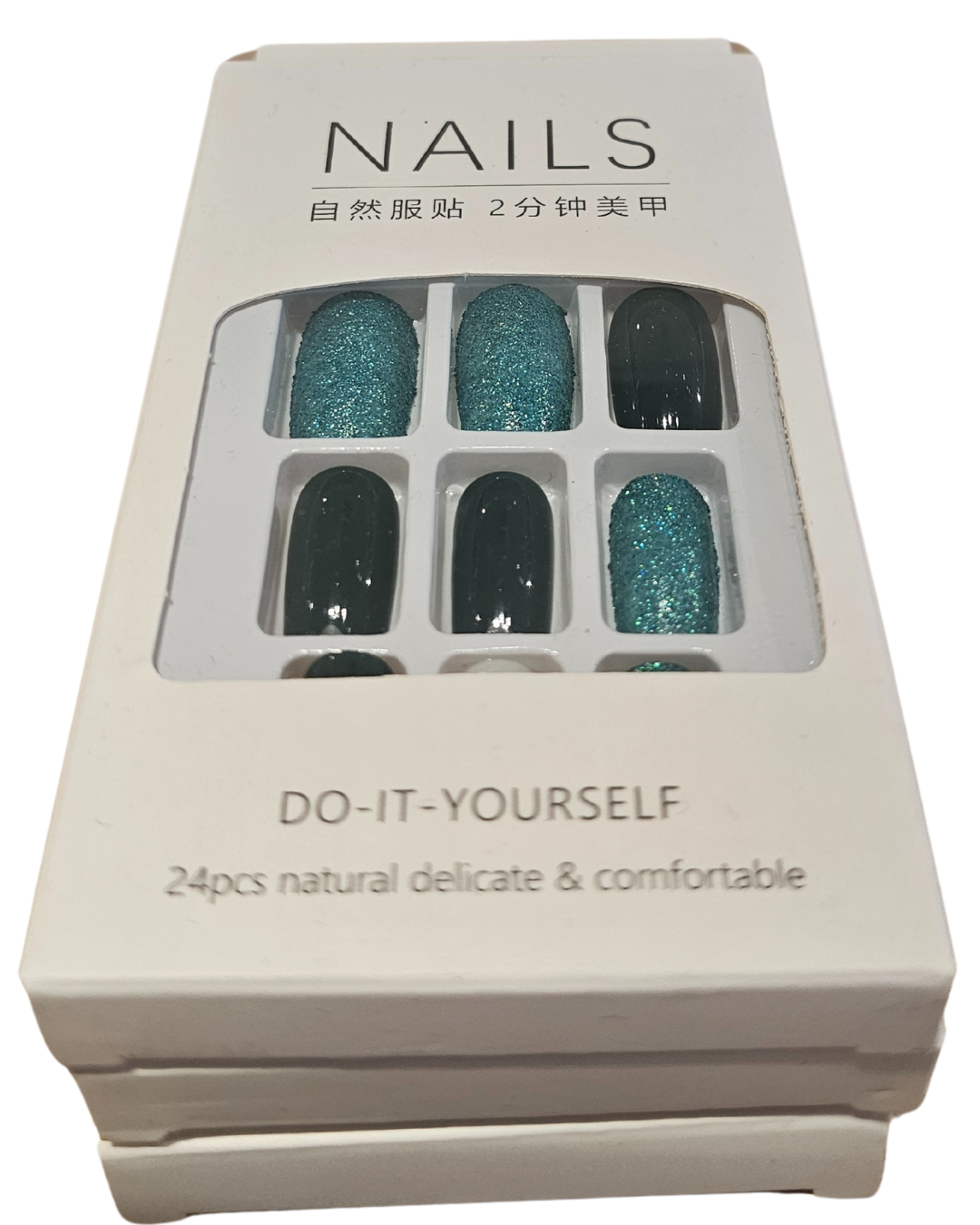 Press On Nails : moyen - carré - Vert, blanc et paillettes  (Ref N015)
