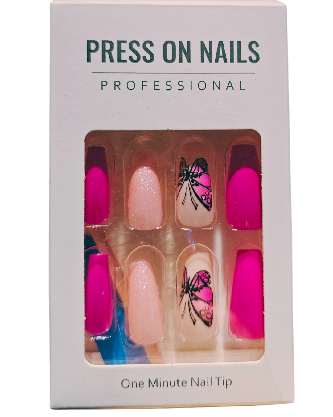 Press On Nails : moyen - carré - rose, paillette et papillon  (Ref N019)