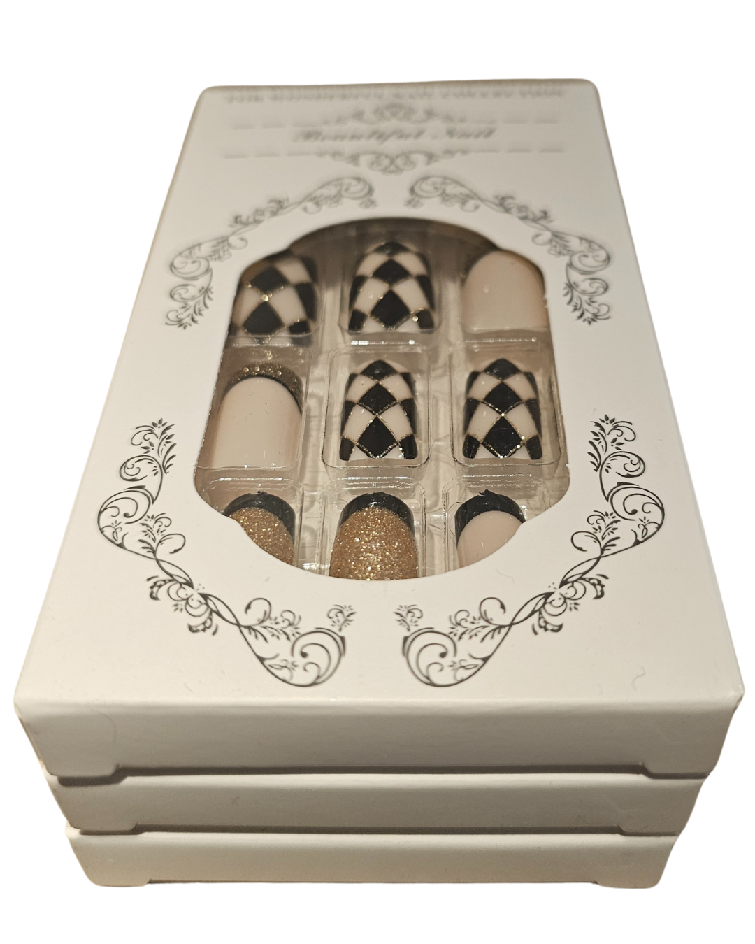 Press On Nails : moyen - carré- blanc, noir et doré  (Ref N006)